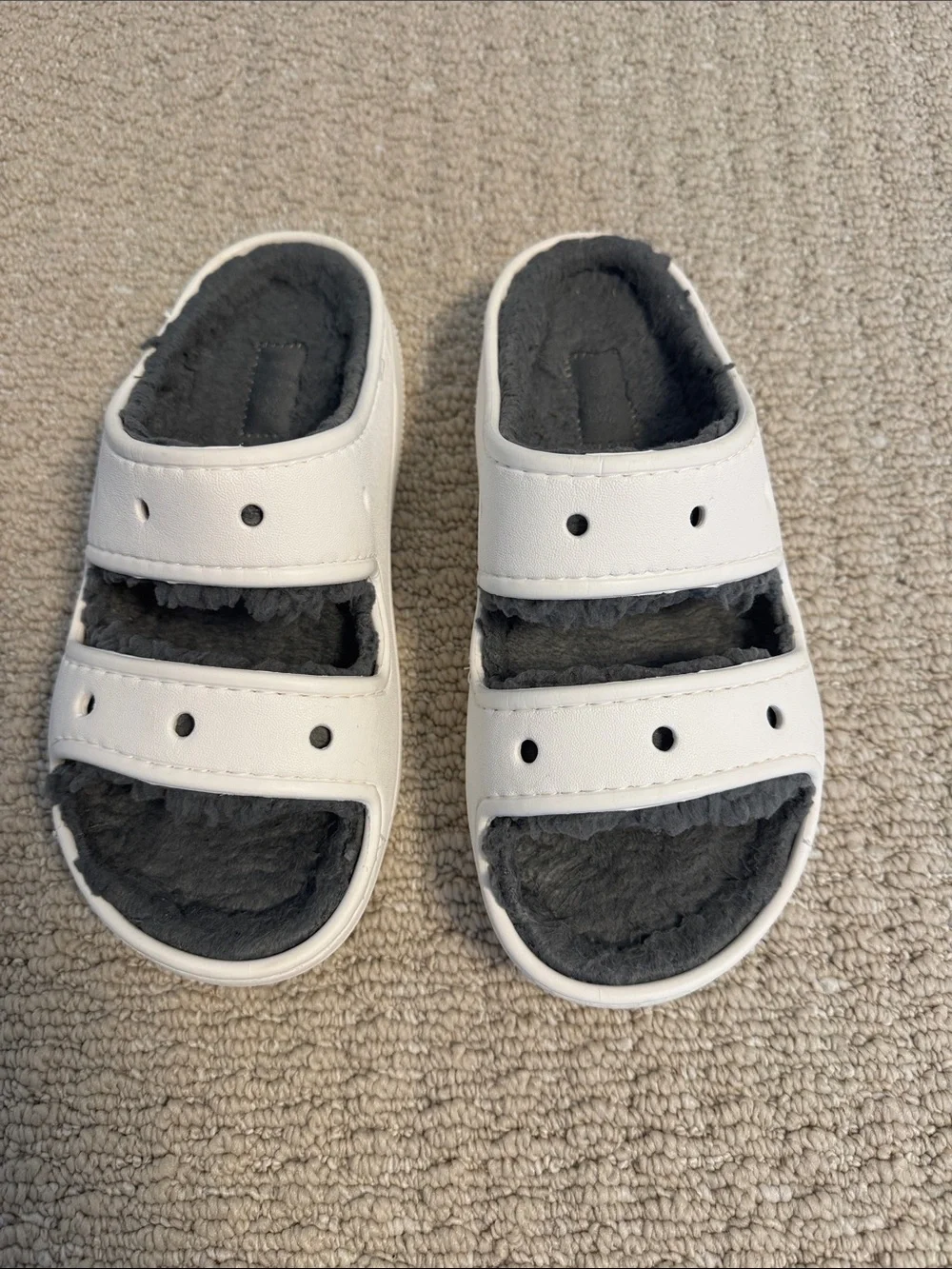 Unisex White Slide Sandals with Gray Fleece Lining